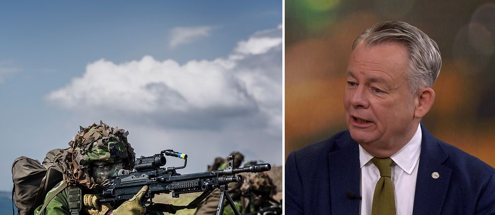 Tvådelad bild. Vänster: Soldat siktar med gevär på lerig mark.