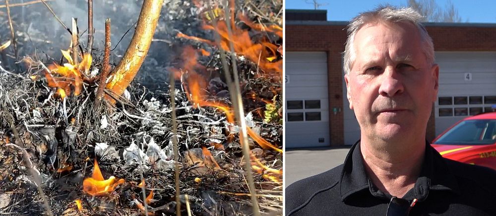 Delad bild. Till vänster: gräsbrand utomhus. Till höger: person står utanför brandstation.