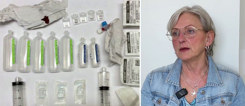 Delad bild. Vänster: medicinska ampuller och sprutor på bord. Höger: person i blå jeansjacka.