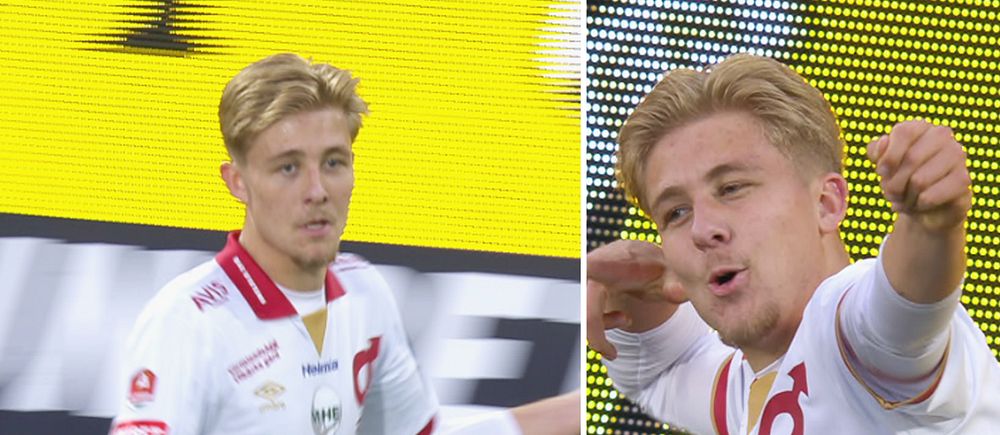 Delad bild. Till vänster: fotbollsspelare jublar. Till höger: samma spelare pekar mot kameran.