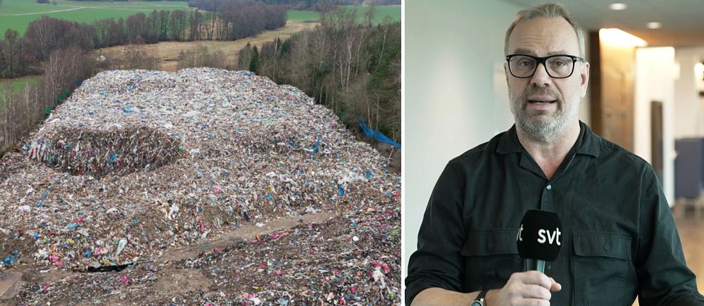 Delad bild. Till vänster: stort sopberg utomhus. Till höger: person intervjuas inomhus.