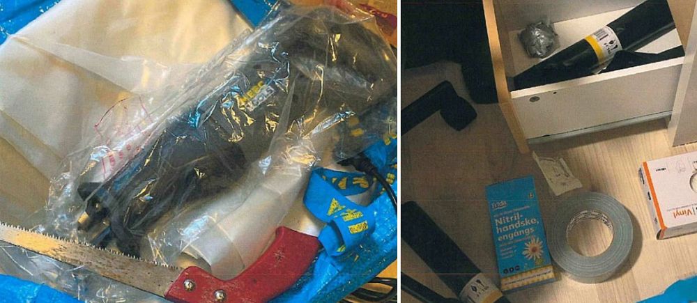 Bilder från polisens förundersökning, bland annat två sågar, svarta plastpåsar och presenning.