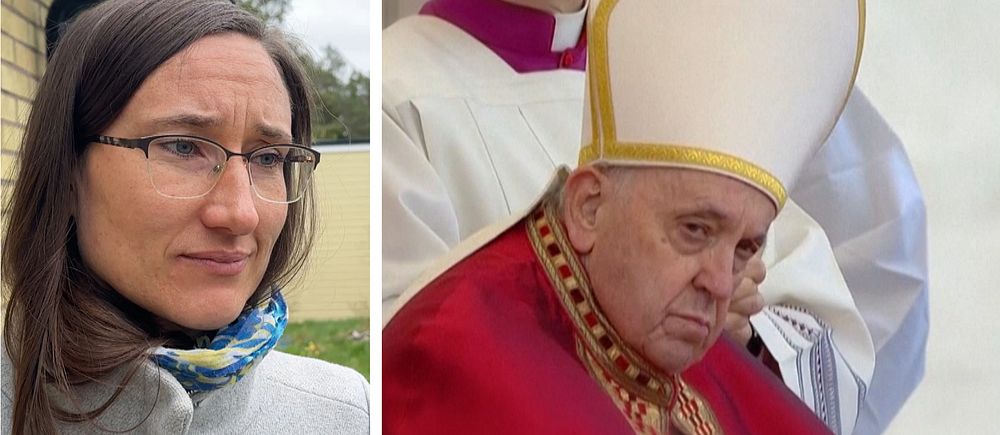 Tvådelad bild. Vänster: person utomhus. Höger: religiös ceremoni med prästerlig klädsel.