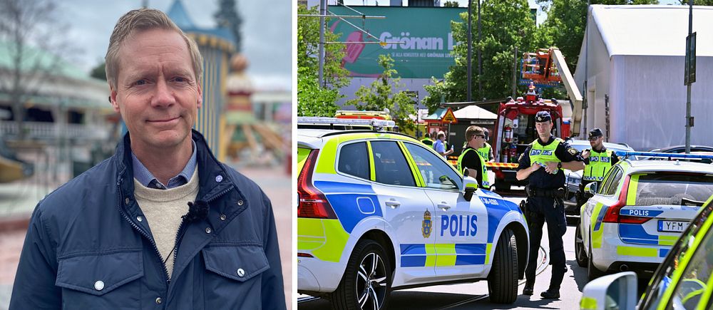 tvådelad bild, till vänster en man i blå jacka, till höger poliser och polisbilar framför Gröna Lund