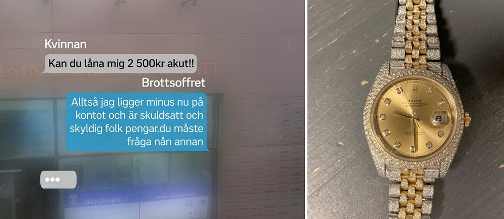 Delad bild. Vänster: textmeddelande om lån. Höger: guldklocka med diamantinfattning.
