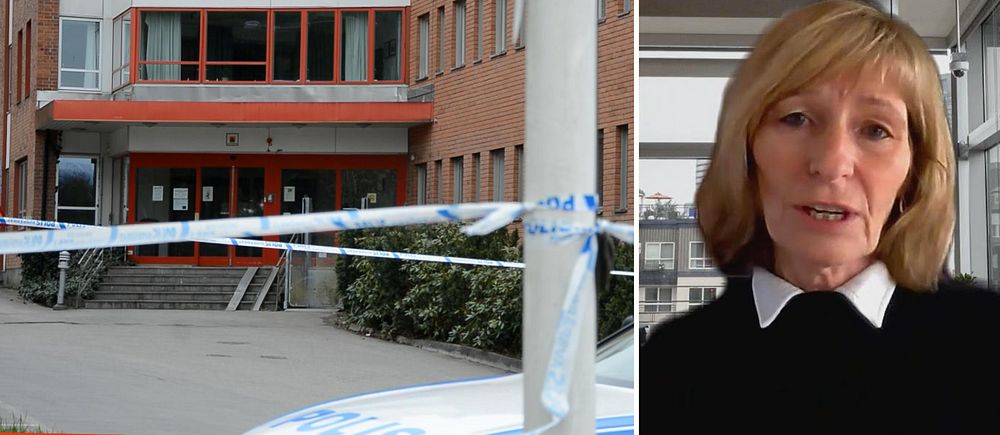 Delad bild. Till vänster: avspärrat entréområde utanför socialkontoret. Till höger: Annika Rådström, socialdirektör.