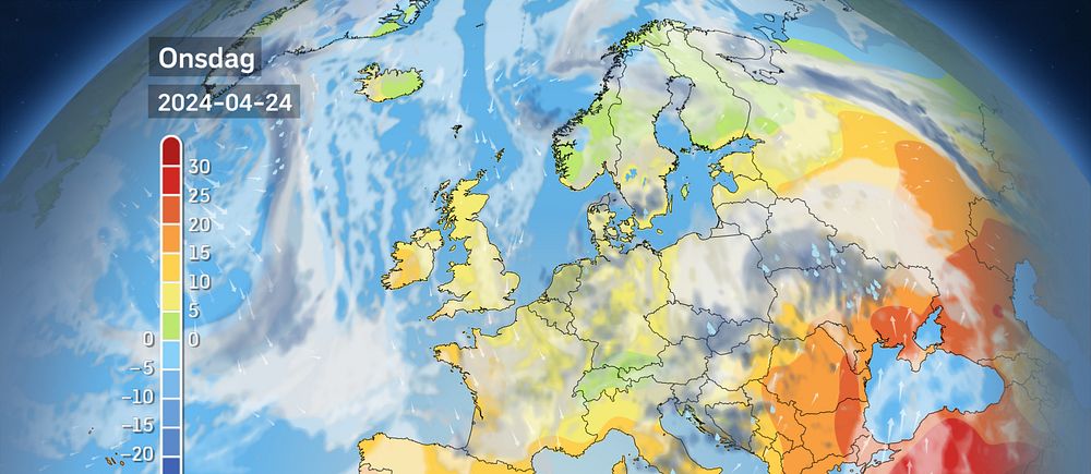 Väderkarta som visar väder i Europa – prognos för i dag och kommande dagar.