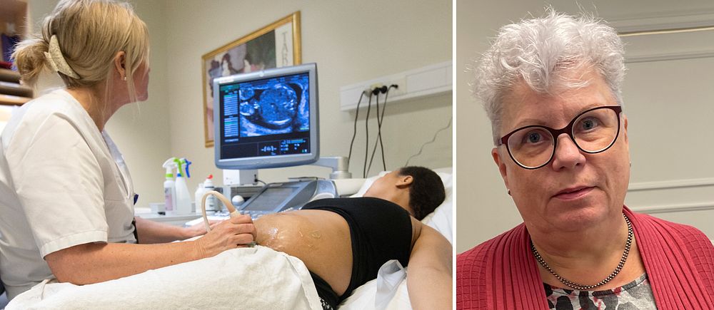 En tvådelad bild. På ena bilden är det en sjuksköterska som gör ultraljud. På andra bilden en kvinna.