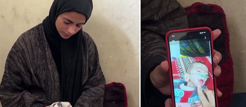 Delad bild. Vänster: person med hijab håller tyg. Höger: närbild på en mobil med barnfoto.