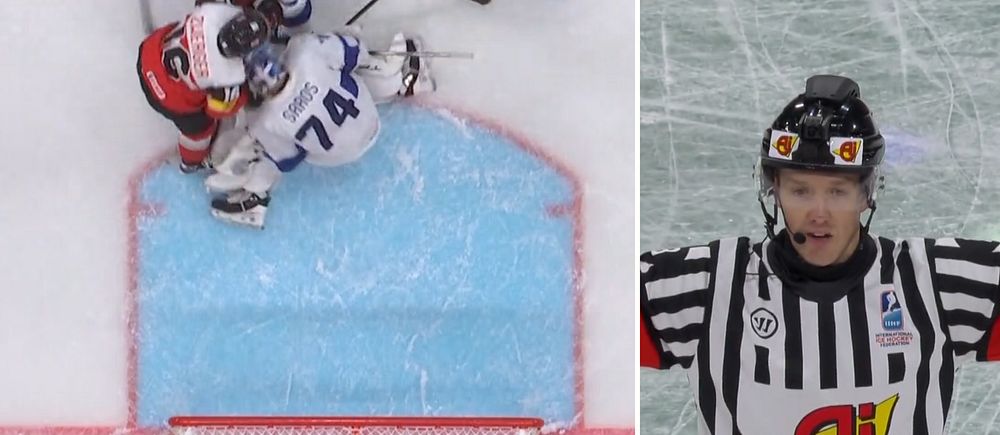 Delad bild. Till vänster: hockeyspelare framför målbur. Till höger: domare med utsträckta armar.