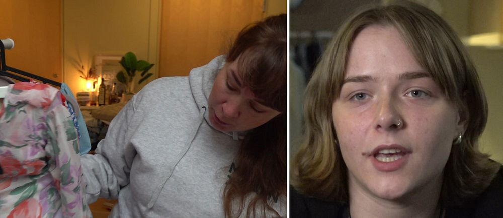Delad bild. Till vänster: person håller upp blommig klänning. Till höger: person i halsband.