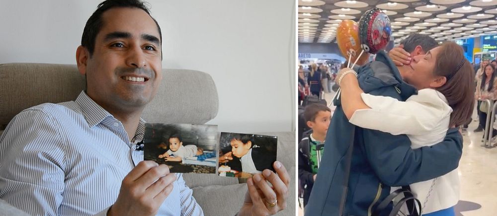 Tvådelad bild. Vänster: man håller fotografi. Höger: känslosam kram på flygplats.