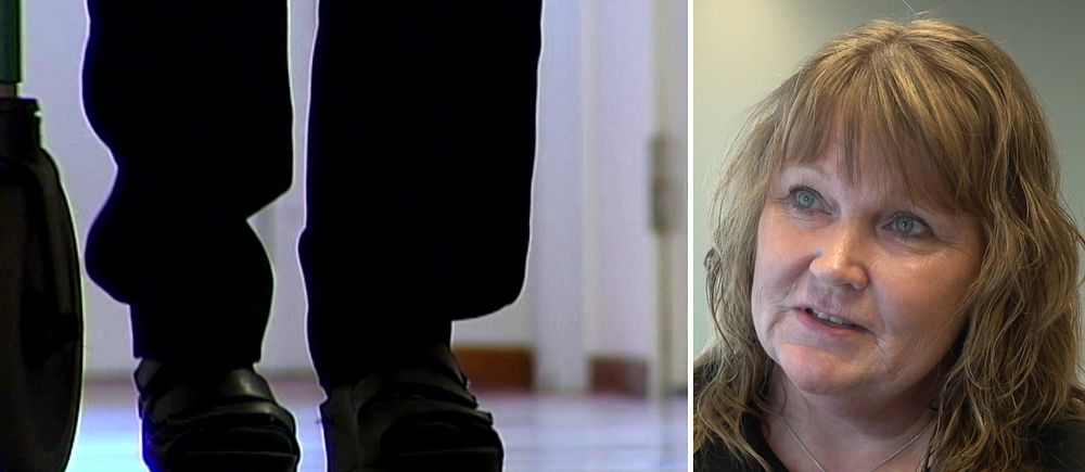 Tvådelad bild. Vänster: någon går i en korridor. Höger: En kvinna som intervjuas.