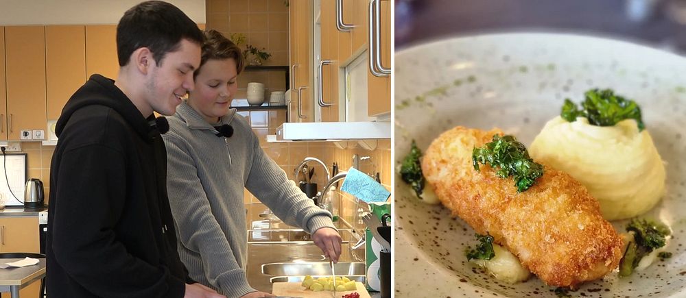 Tvådelad bild. Till vänster: två personer lagar mat. Till höger: Chicken Kiev