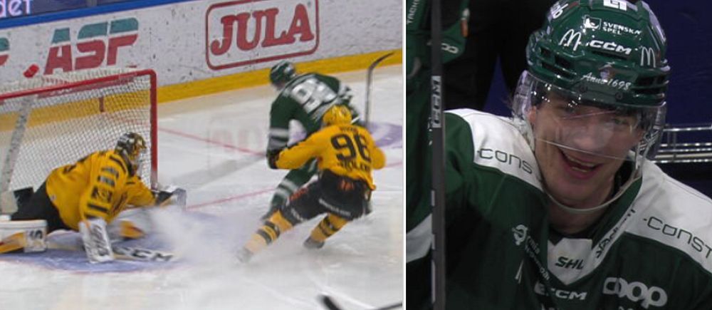 Delad bild. Vänster: Hockeyspelare vid målgöring. Höger: Grönklädd spelare på bänken.