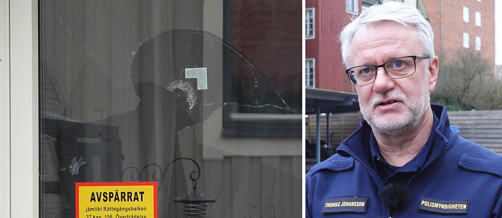 Delad bild. Vänster: Avspärrat område-skylt på glasdörr. Höger: Polis i uniform utomhus.