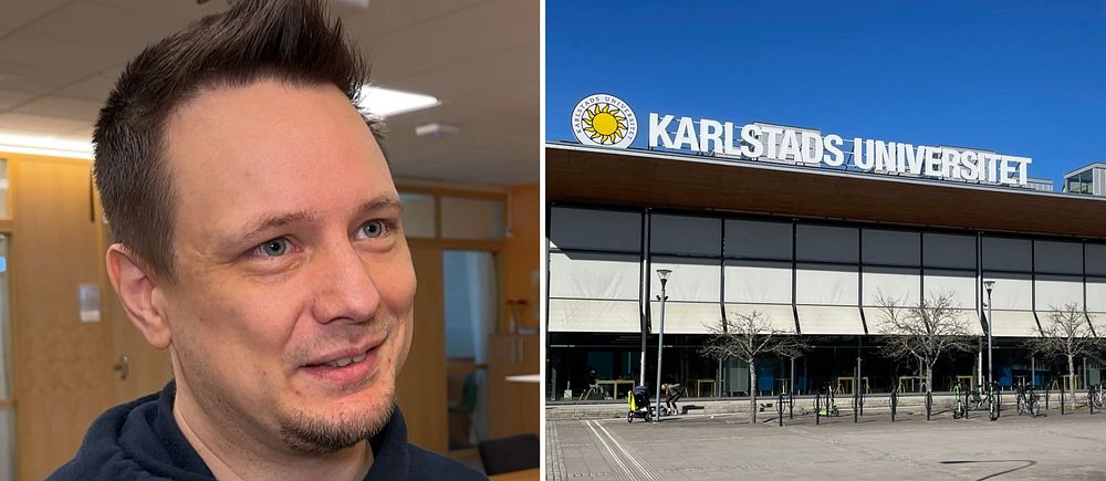 Delad bild. Vänster: person inomhus. Höger: entrén till Karlstads universitet utomhus.