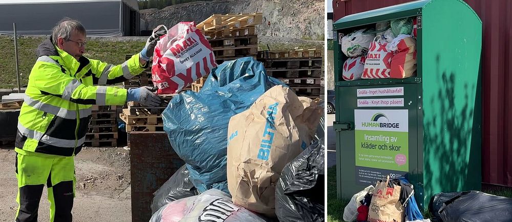 Delad bild. Vänster: person slänger påse på överfull sopstation. Höger: full klädinsamling.