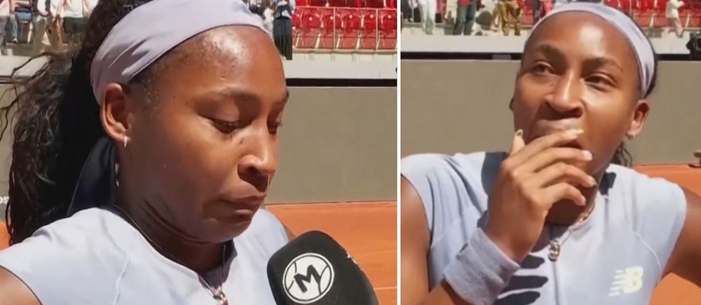 Delad bild. En tennisspelare intervjuas på tennisbana, publik syns i bakgrunden.