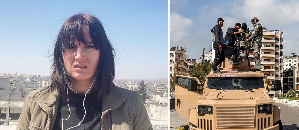Tvådelad bild. Till vänster frilansjournalisten Lina Malers med en stad i Syrien i bakgrunden. Till höger säkerhetsstyrkor lojala till Syriens regering som står vid ett stridsfordon på en väg i Latakia.