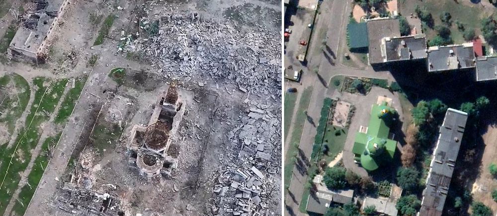 Delad bild. Till vänster: förstörd byggnad. Till höger: intakt bostadsområde med grönska.