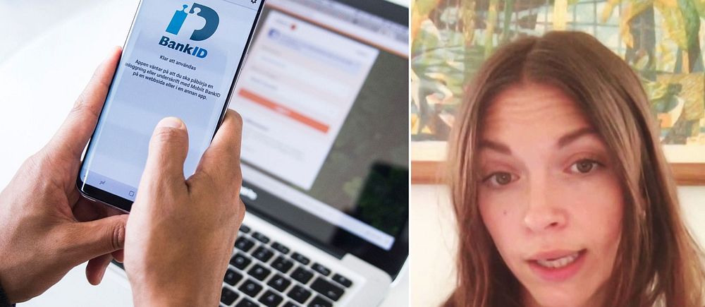 Genrebild på hand som håller telefon med bank-id-appen framför en laptop. Till höger i bild, Diskrimineringsombudsmannens jusrist, Sandra Danowsky.