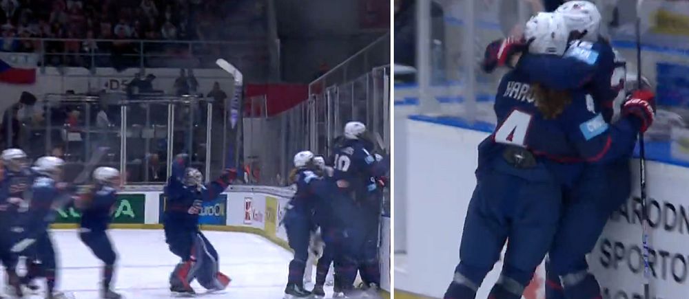 Tvådelad bild. Vänster: hockeylag firar på isen. Höger: två spelare kramas vid sargen.