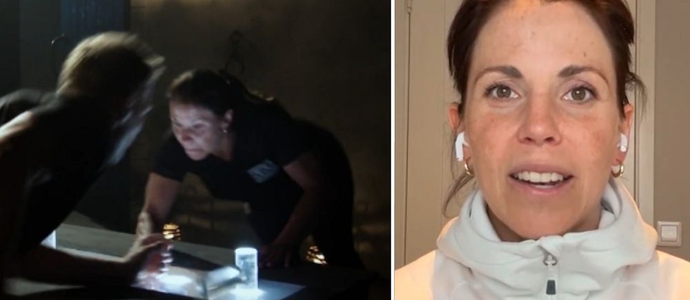 Delad bild. Vänster: två personer undersöker dokument vid bord. Höger: person i vit jacka.