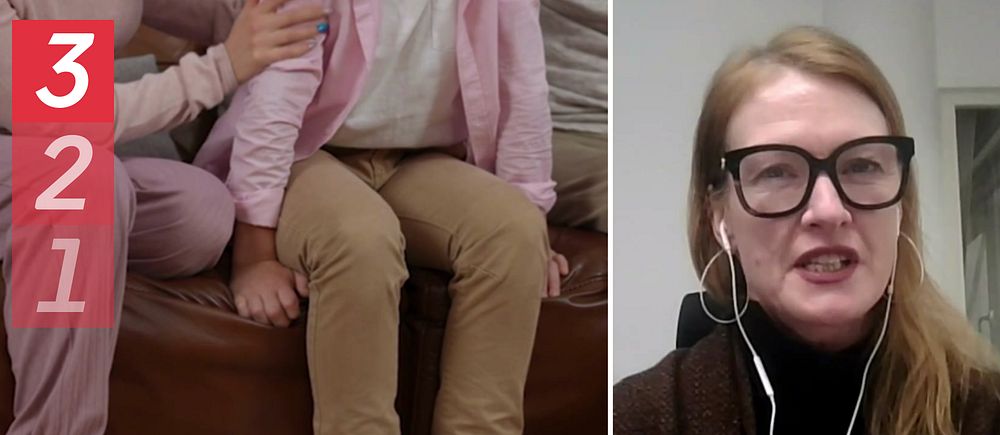 Vänster: en förälder och ett barn sitter i soffan Höger: Sara André, socionom på Bris