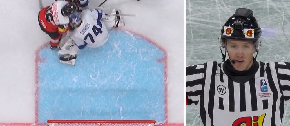 Delad bild. Till vänster: ishockeyspelare vid målbur. Till höger: domare visar gest med armarna.