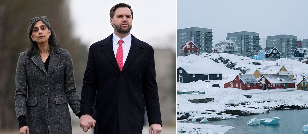 Till vänster: Usha och JD Vance promenerar. Till höger: snötäckt kuststad på Grönland med isflak.