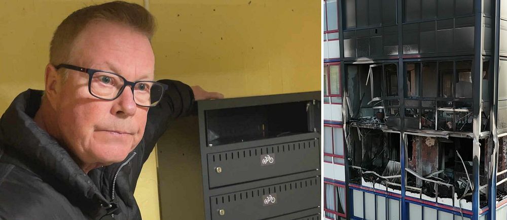 Tvådelad bild. Vänster: man vid postboxar. Höger: skadad byggnad efter explosion.