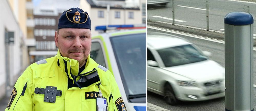 Till vänster en porträttbild på en polis, till höger en bil som kör förbi en fartkamera