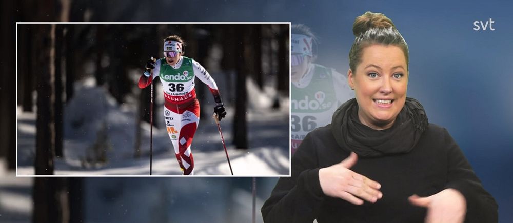 Ebba Andersson, längdskidor. Programledare som tecknar skidor.
