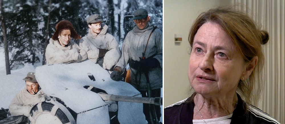 Delad bild. Till vänster: soldater och snötäckt kanon i skog. Till höger: Kristina Lindström vid mikrofon.