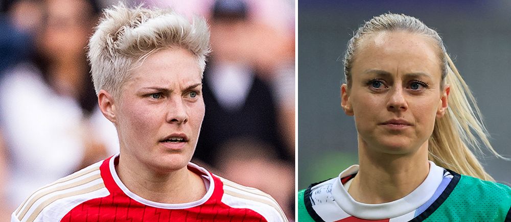 Delad bild. Till vänster: fotbollsspelare i Arsenals matchtröja. Till höger: spelare i grön väst.