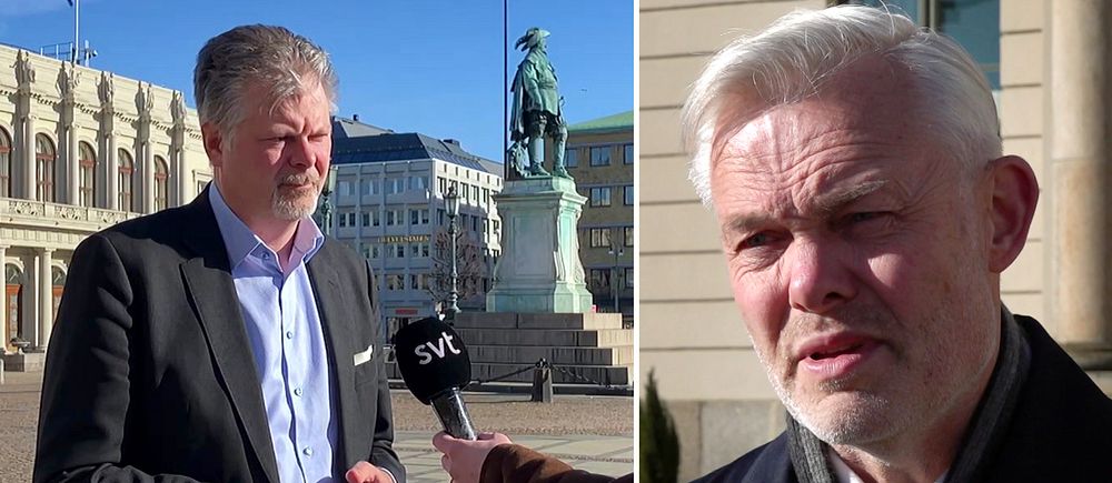 Bild i två sektioner. Vänster: intervju utomhus vid torg. Höger: man utanför byggnad.