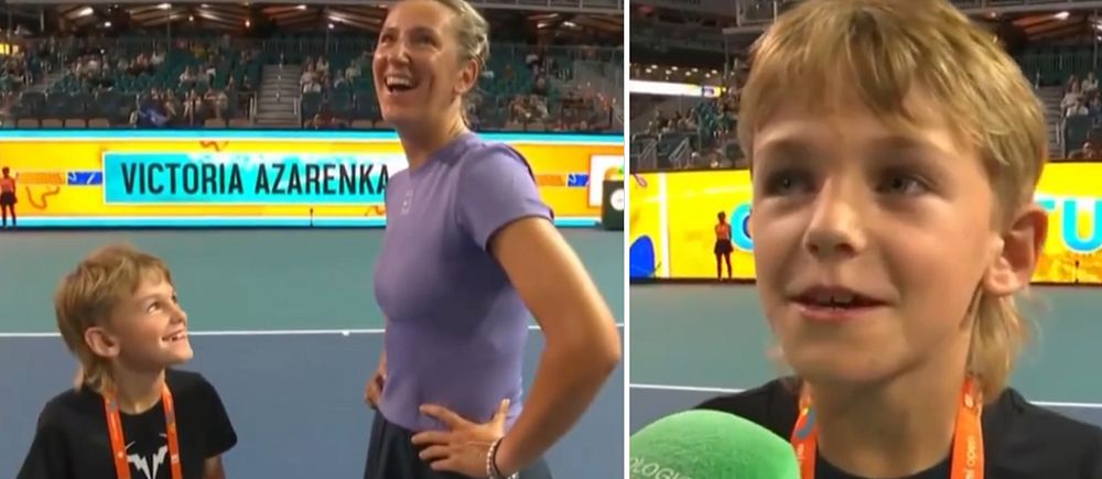 Dubbelbild. Till vänster: Azarenka på tennisplan. Till höger: Intervjumikrofon framför barn.