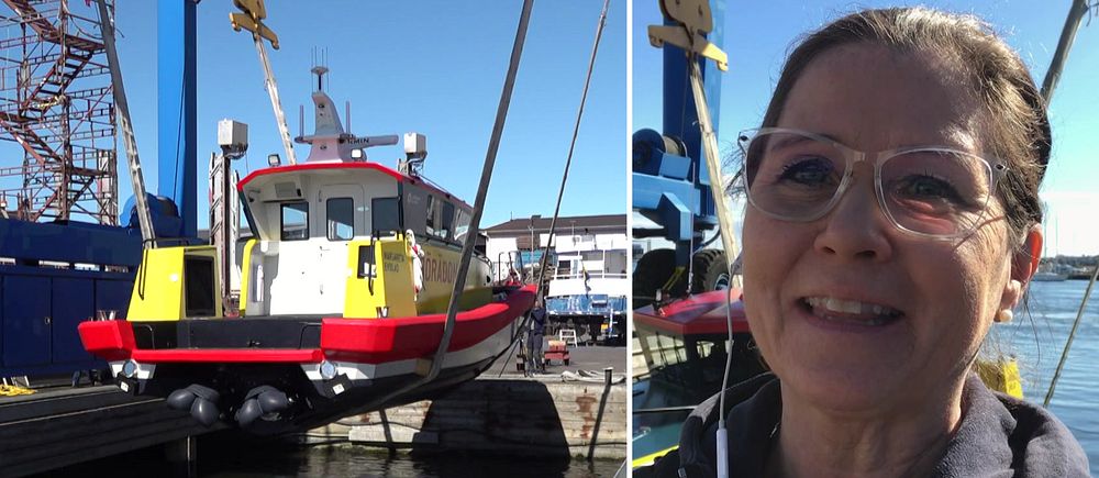 Till vänster ser vi den nya båten sjösättas på Öckerö. Till höger SVT:s reporter Helena Josefsson.