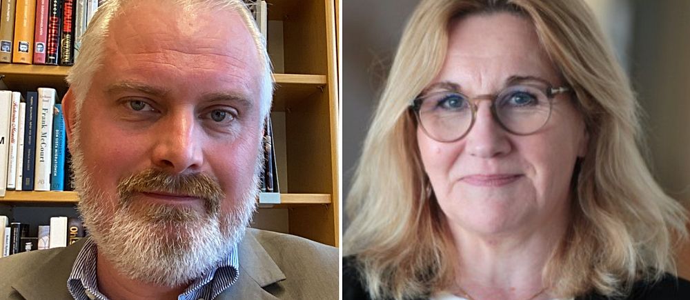 Delad bild. Till vänster: person i kostym vid bokhylla. Till höger: person i kavaj inomhus.