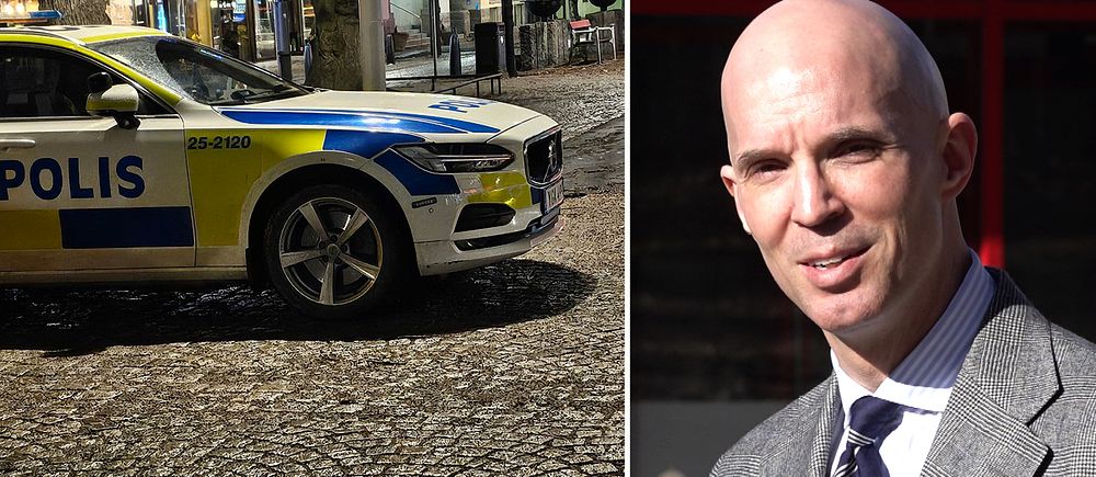 Delad bild. Till vänster: polisbil på stenbelagt gata. Till höger: Advokaten Anders Ericson
