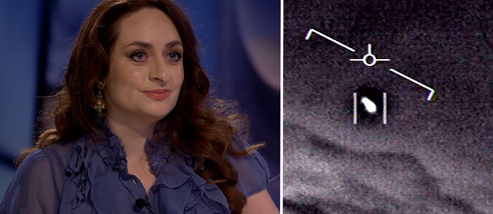Tvådelad bild. Vänster: Beatriz Villarroel i blå blus i Vetenskapens världs studio. Höger: oidentifierat objekt med pilar i mörkret. Gimbalvideon.