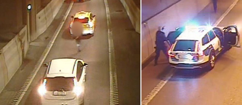 Övervakningsbilder från Björktunneln vid Gullmarsplan i Stockholm med bilar och polisbilar efter att en man skjutits till döds.