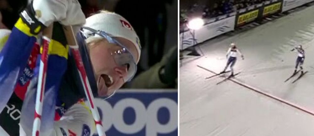Tvådelad bild. Vänster: Skidåkare i närbild jublar. Höger: Skidåkare vid mållinje i kvällsljus.
