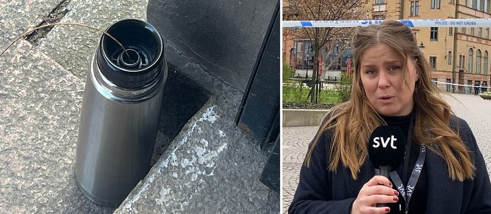 Misstänkt termosbomb och SVT:s reporter Johanna Holstein framför polisavspärrningar vid Grand Hotel i Lund.