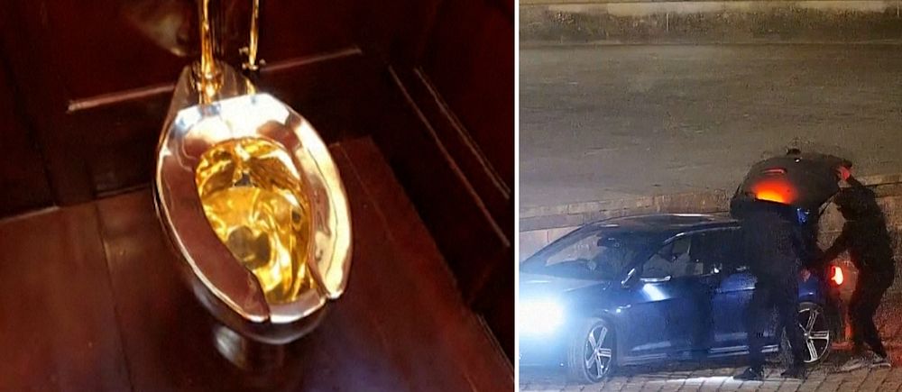 Tvådelad bild. Vänster: Toalett i guld. Höger: Person under paraply, lutar sig mot en bil.