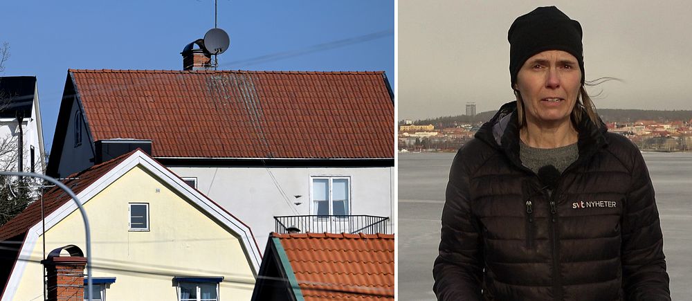 Bild på hus till vänster samt reporter Sara Leijman till höer, iklädd SVT-jacka.