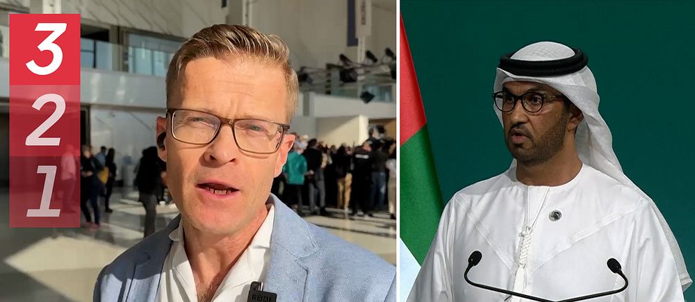 Klimatreporter Calle Elfström och COP28-ordörande Al Jaber