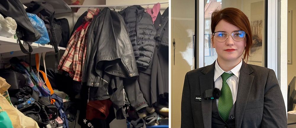 Tvådelad bild. Vänster: Ett förråd fullt med jackor och väskor. Höger: En kvinna i kavaj, vit skjorta och grön slips. Kvinnan bär glasögon och har röd-brunt hår.