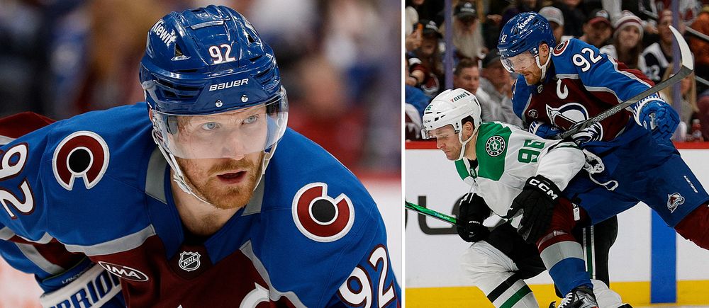 Delad bild. Vänster: hockeyspelare i Colorado-dräkt. Höger: närkamp på isen med motståndare.